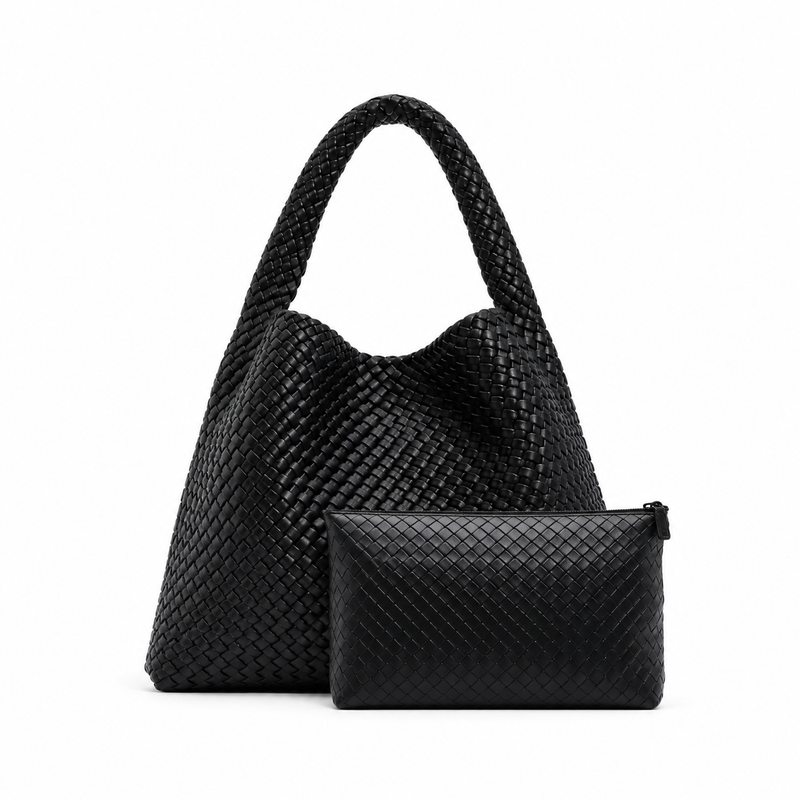 Black Woven Hobo Tote With Pouch-2