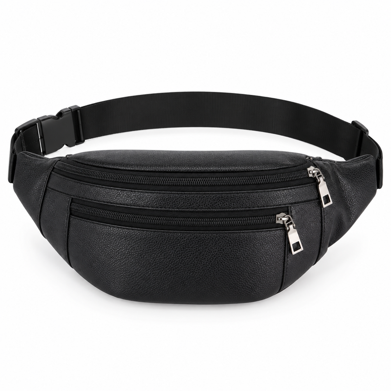 Black Textured Double Zipper Waist Bag-4