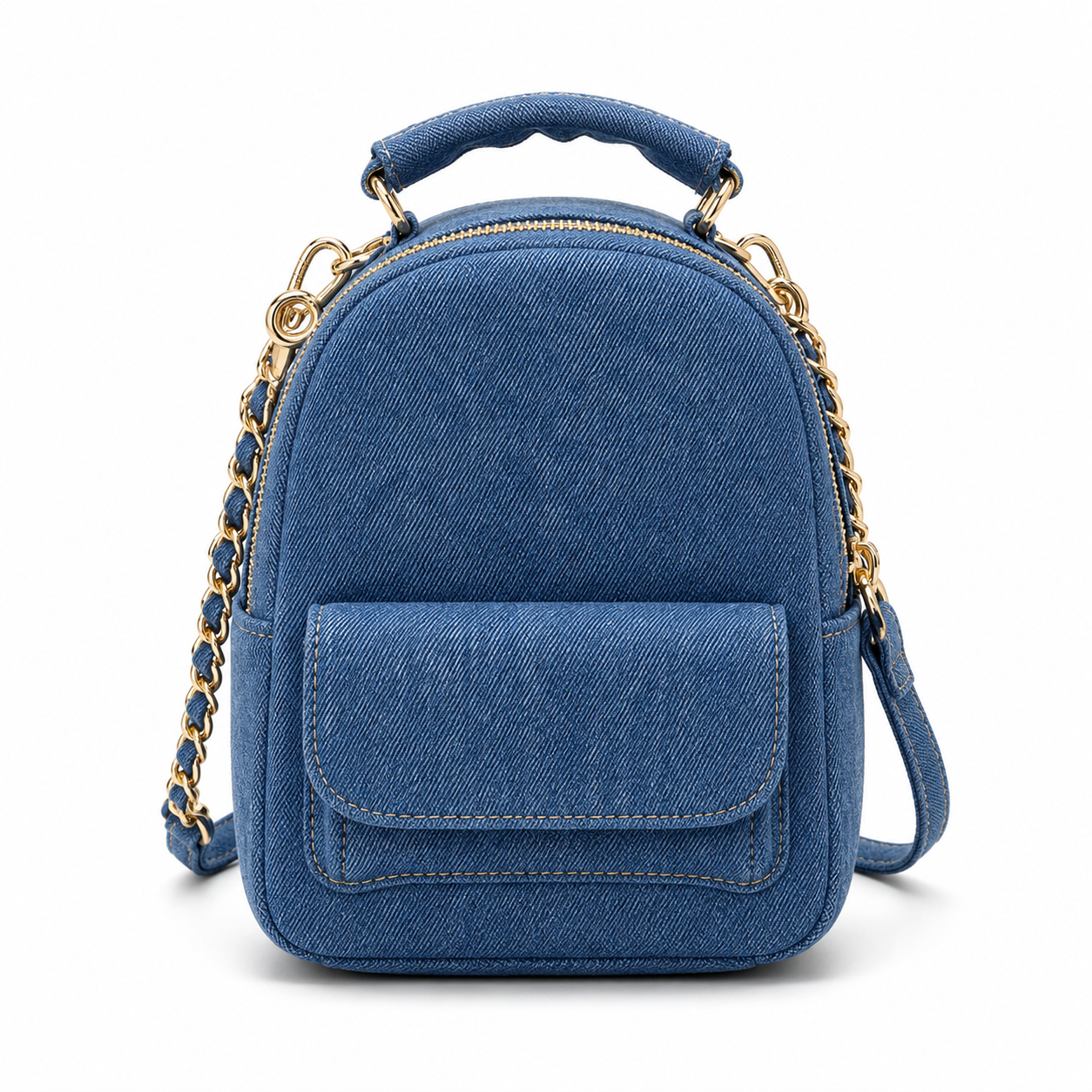 Blue Denim Mini Backpack Handbag with Gold Chain Strap-1