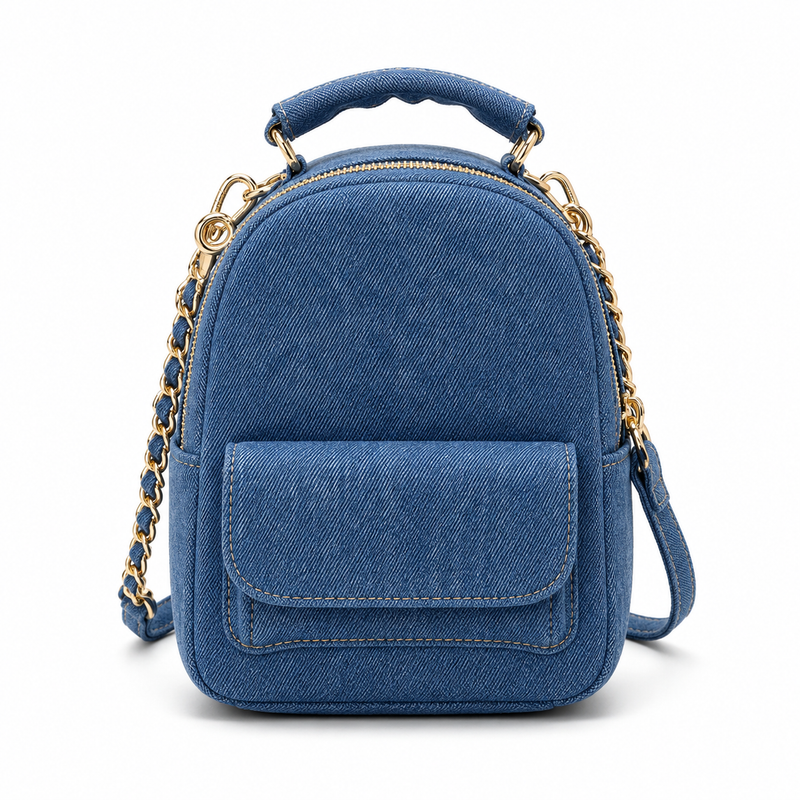 Blue Denim Mini Backpack Handbag with Gold Chain Strap-1
