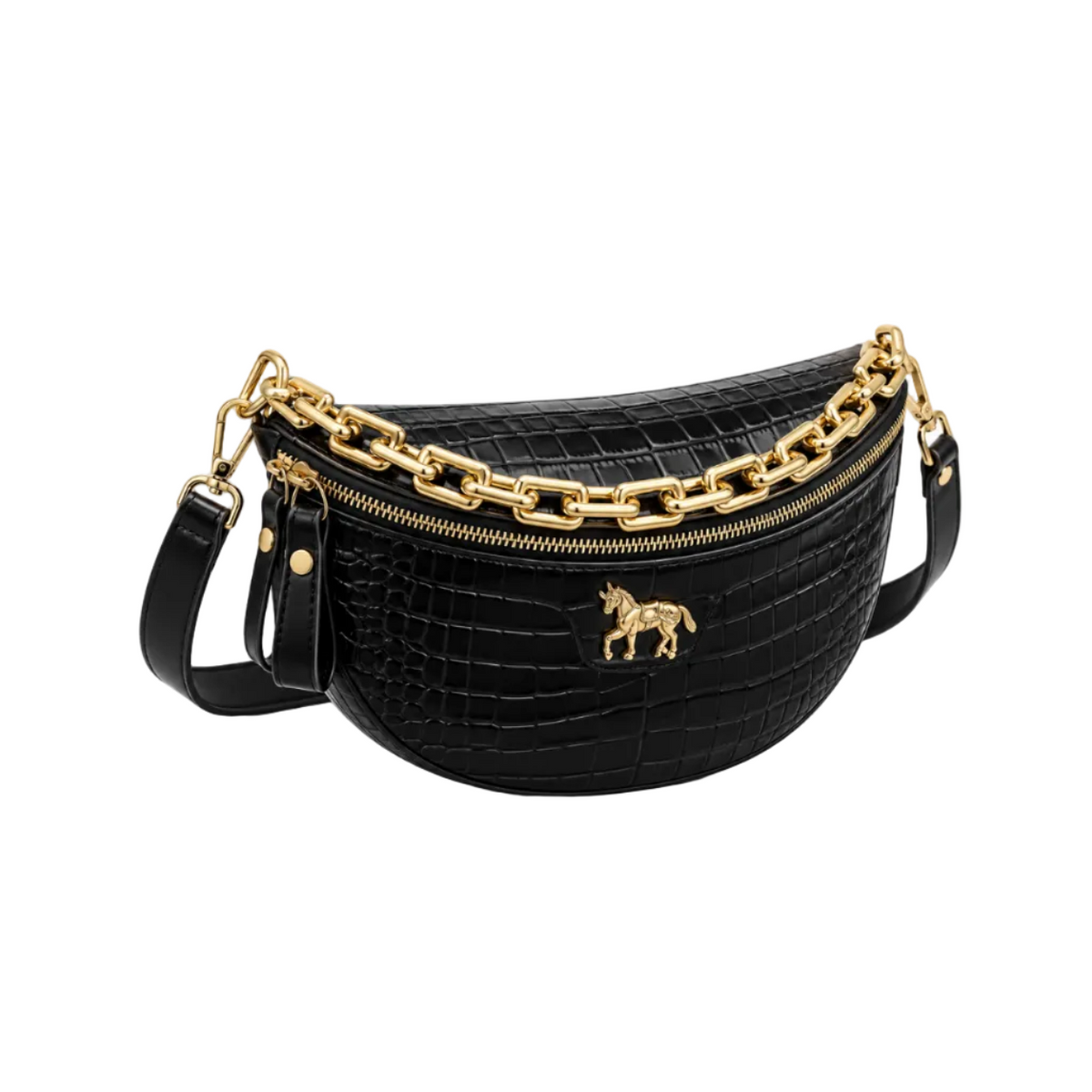 Black Crocodile Embossed Gold Chain Waistbag-1