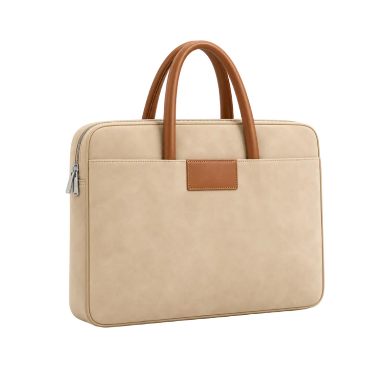 Beige Leather Laptop Bag With Handles-1
