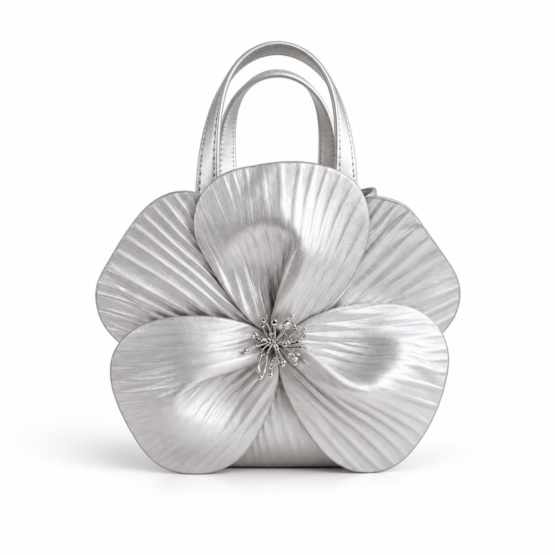 Silver Metallic Flower Sculpted Handle Clutch-4