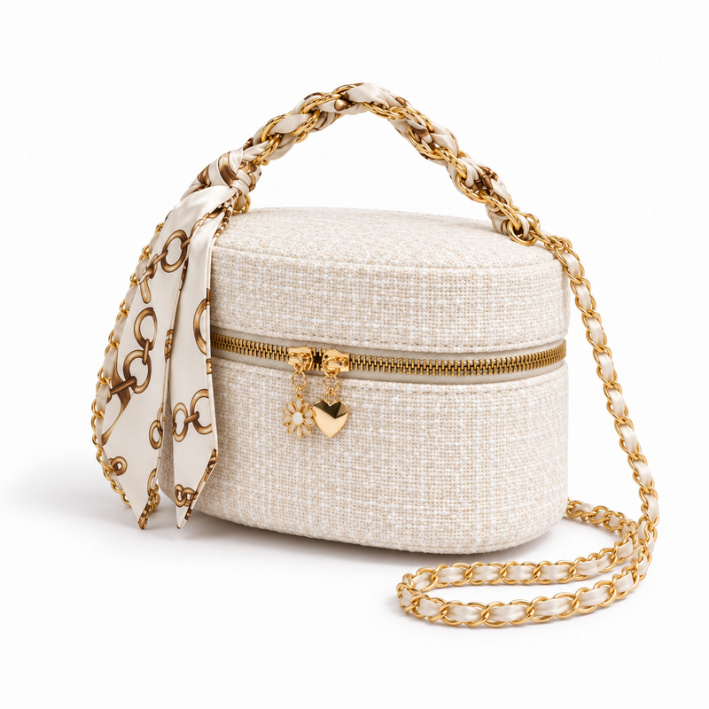 Ivory Textured Crossbody Bag With Scarf-3