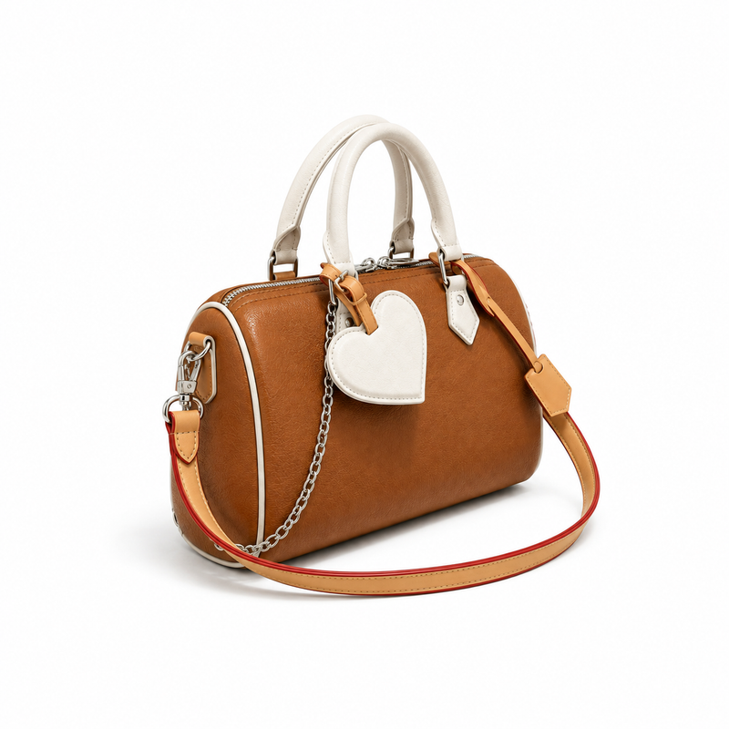 Cognac Brown Heart-Charm Boston Handbag-3