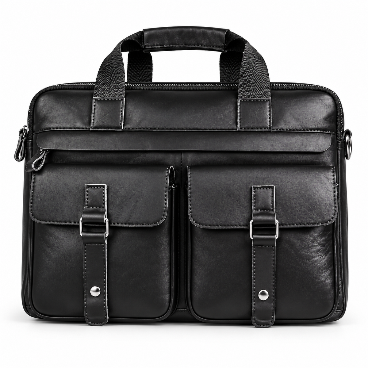 Classic Black Leather Briefcase With Pockets-4