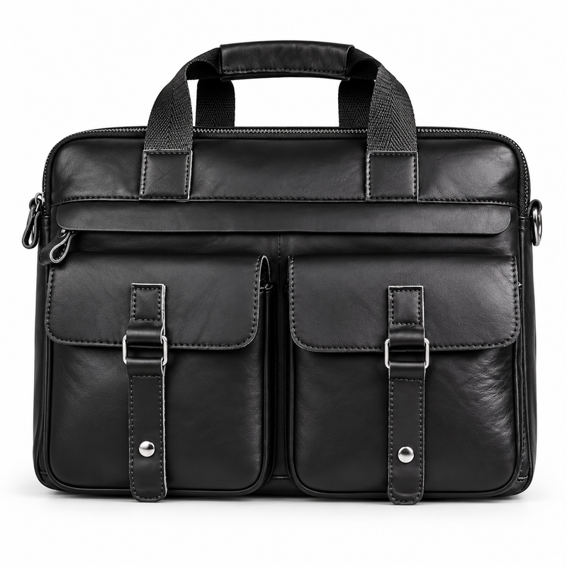 Classic Black Leather Briefcase With Pockets-4