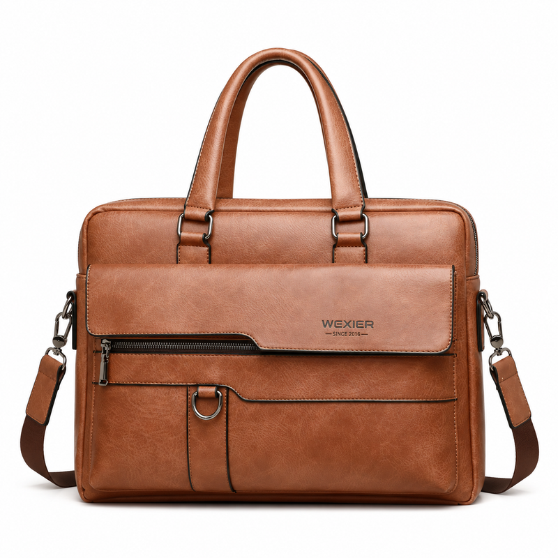 Classic Brown Leather Briefcase With Strap-4