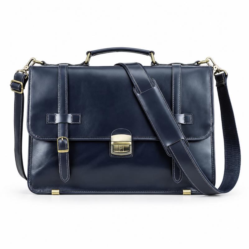 Classic Navy Leather Briefcase Shoulder Bag-4
