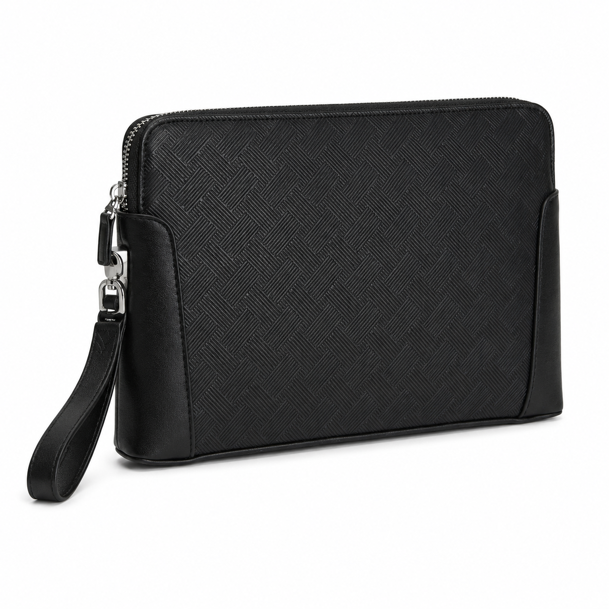 Men’s Black Textured Leather Wristlet Clutch Bag with Zipper-4