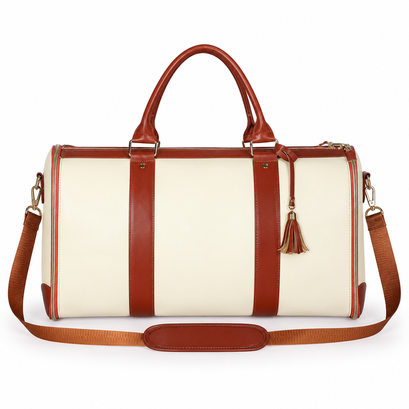 Ivory Brown Trim Overnight Travel Bag-2