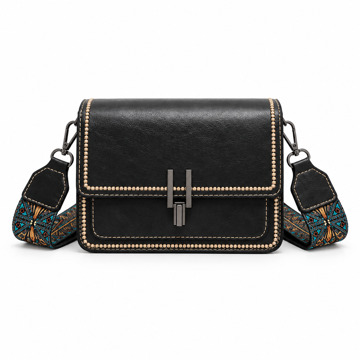 Vintage Black Contrast Trim Patterned Crossbody Bag-4