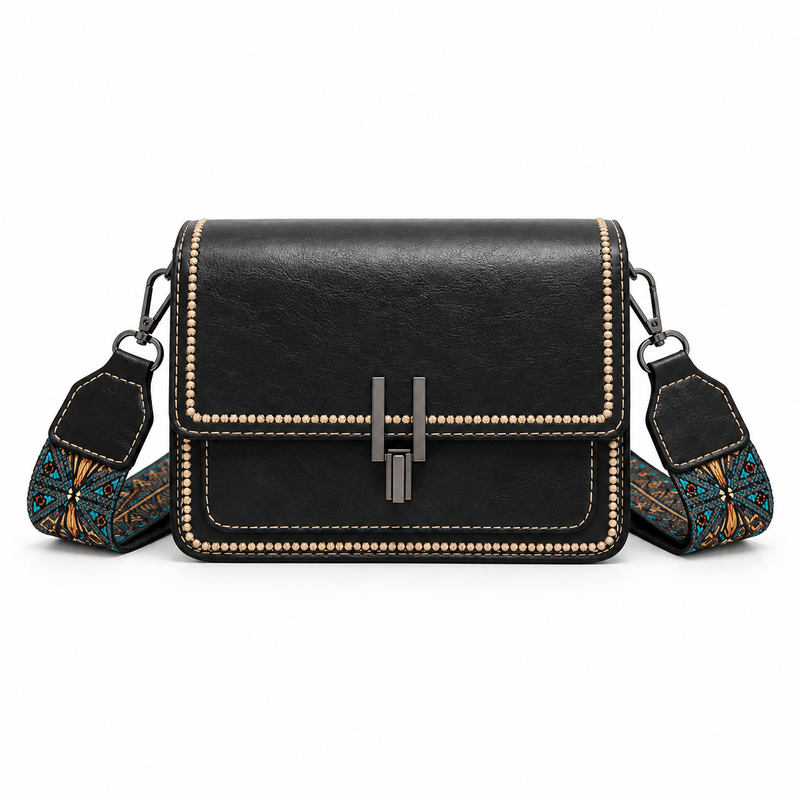 Vintage Black Contrast Trim Patterned Crossbody Bag-4
