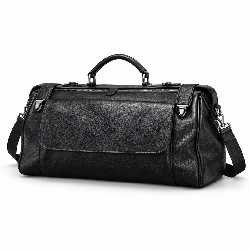Classic Black Leather Travel Duffel Bag-4