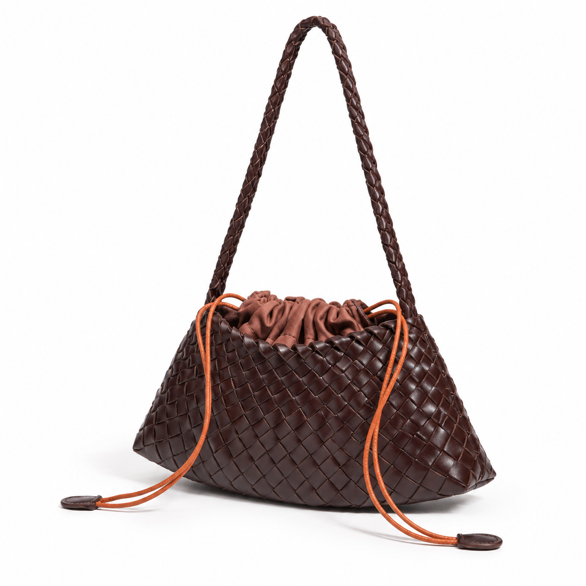 Chocolate Brown Woven Drawstring Shoulder Bag-3