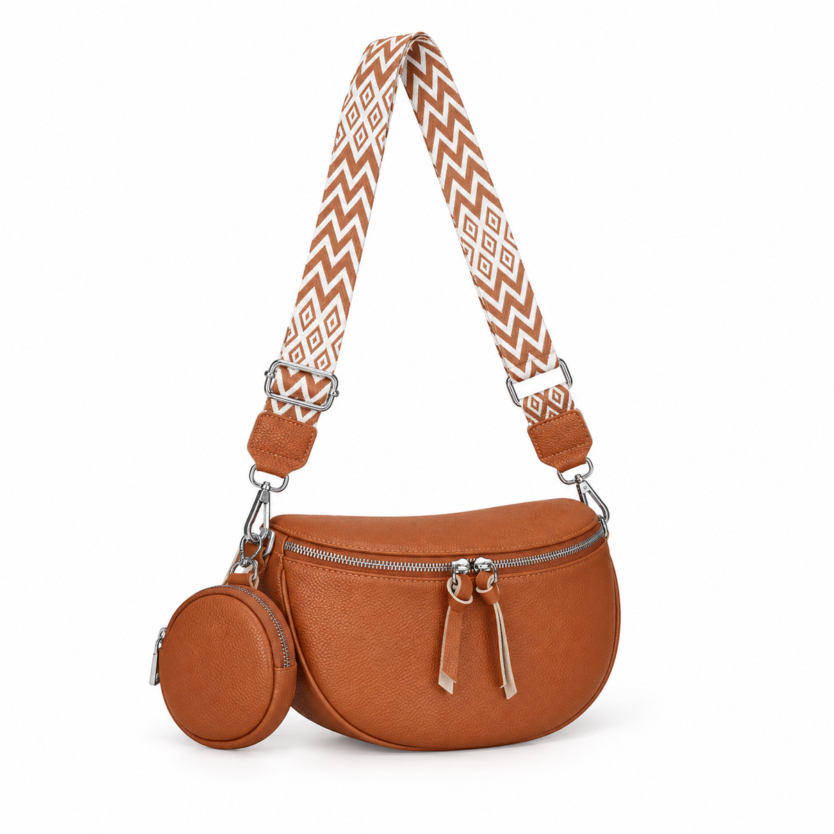 Brown Crescent Sling Bag With Pouch-1