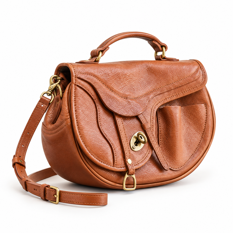 Vintage Caramel Saddle Style Crossbody Handbag-3