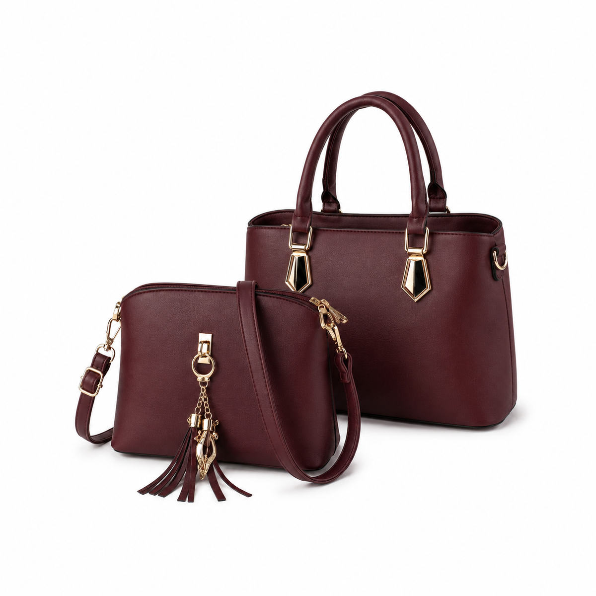 Burgundy Two-Piece Gold Hardware Handbag Set-4