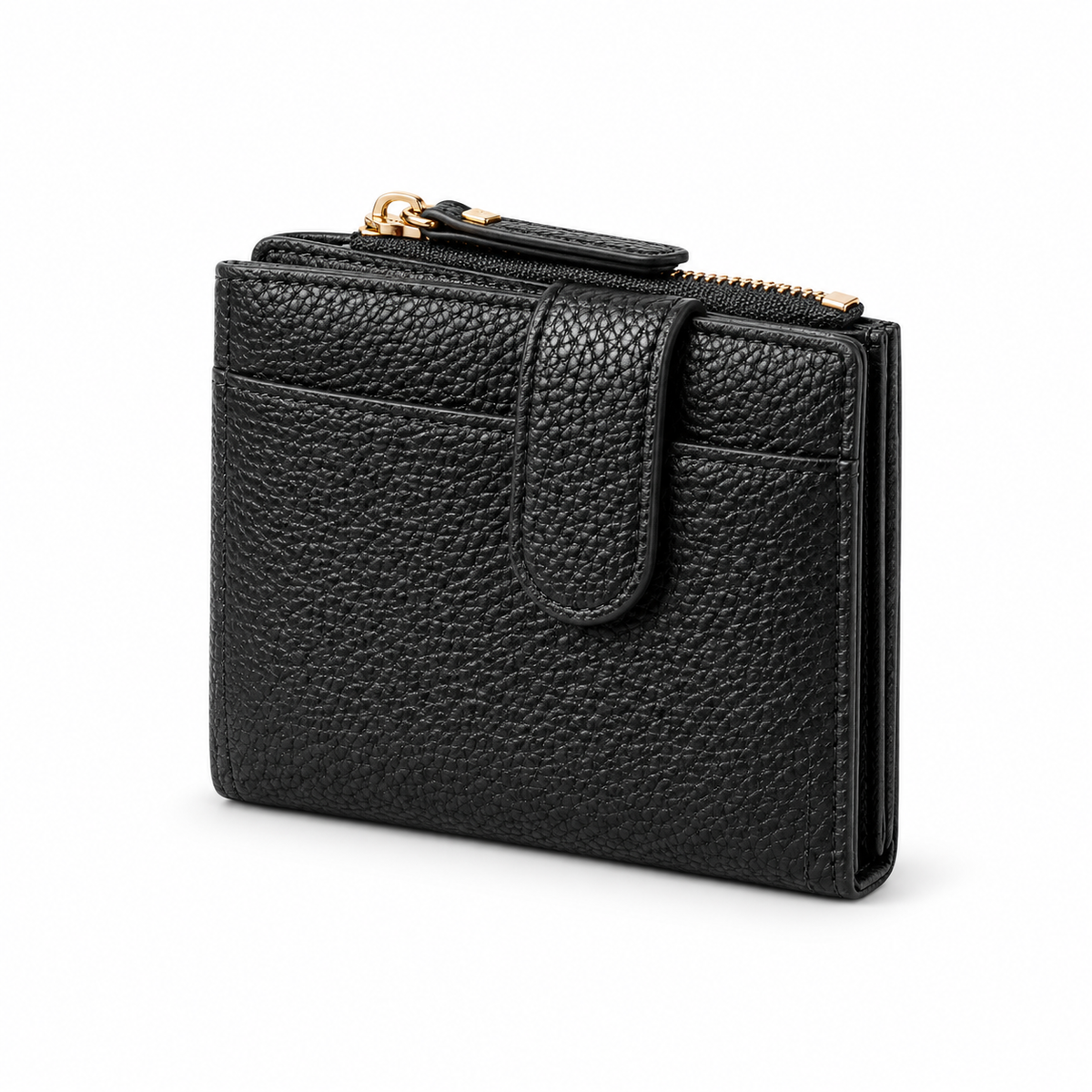 Black Pebbled Compact Wallet With Zipper-3