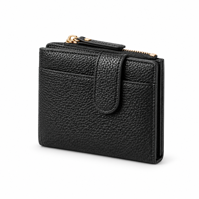 Black Pebbled Compact Wallet With Zipper-3