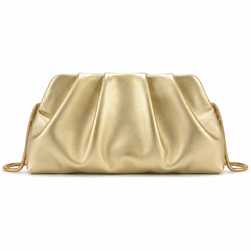 Champagne Gold Ruched Clutch Bag with Drawstring Side Details-1
