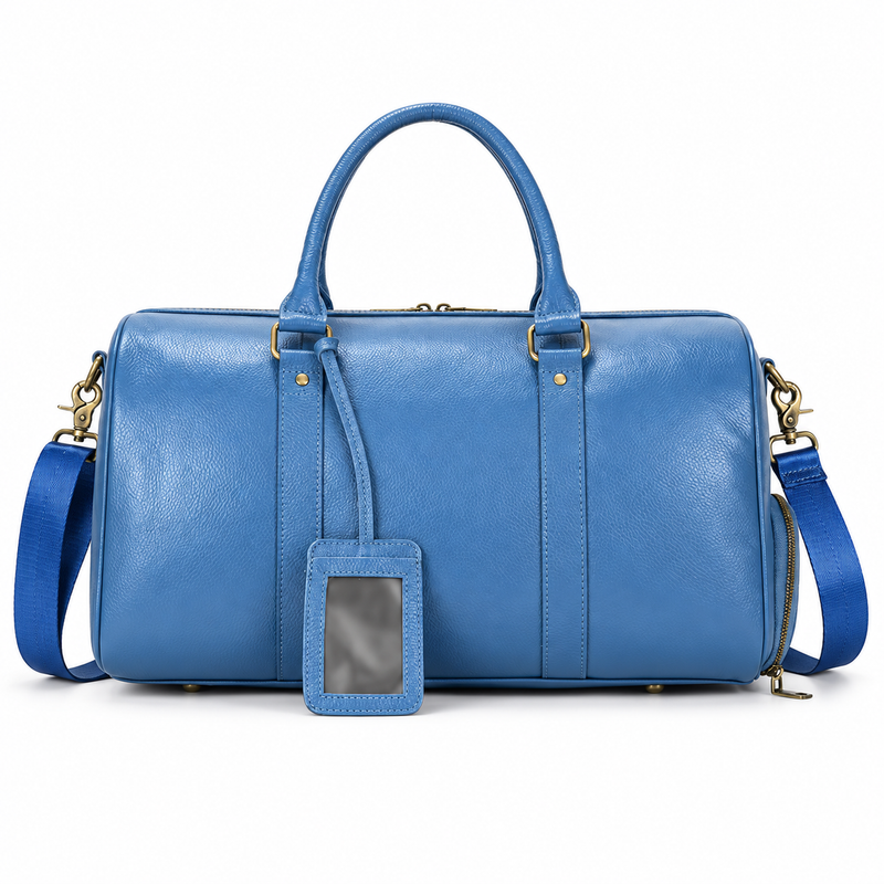 Blue Leather Duffel Bag With Strap-4