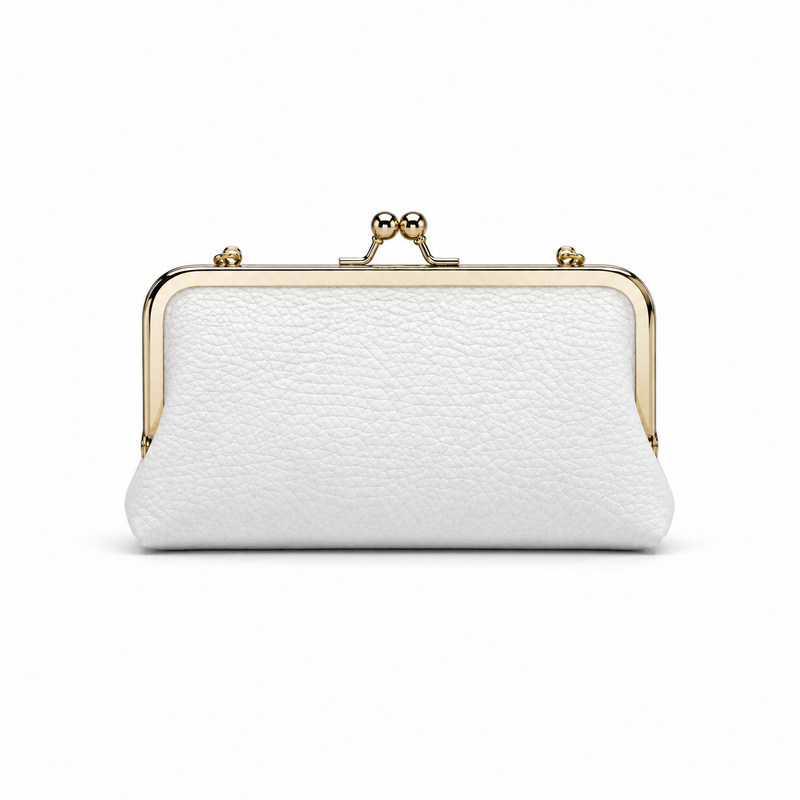 White Pebbled Leather Kiss-Lock Clutch Purse-2