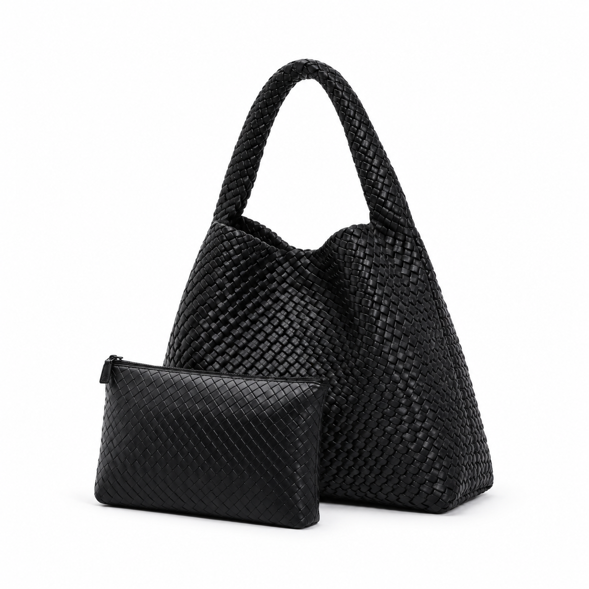 Black Woven Hobo Tote With Pouch-3