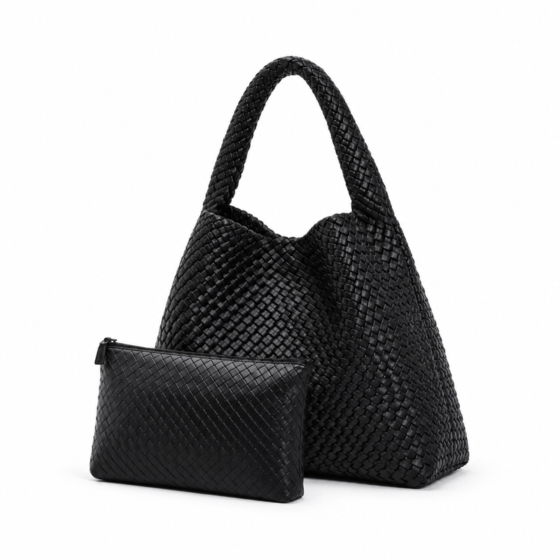 Black Woven Hobo Tote With Pouch-3