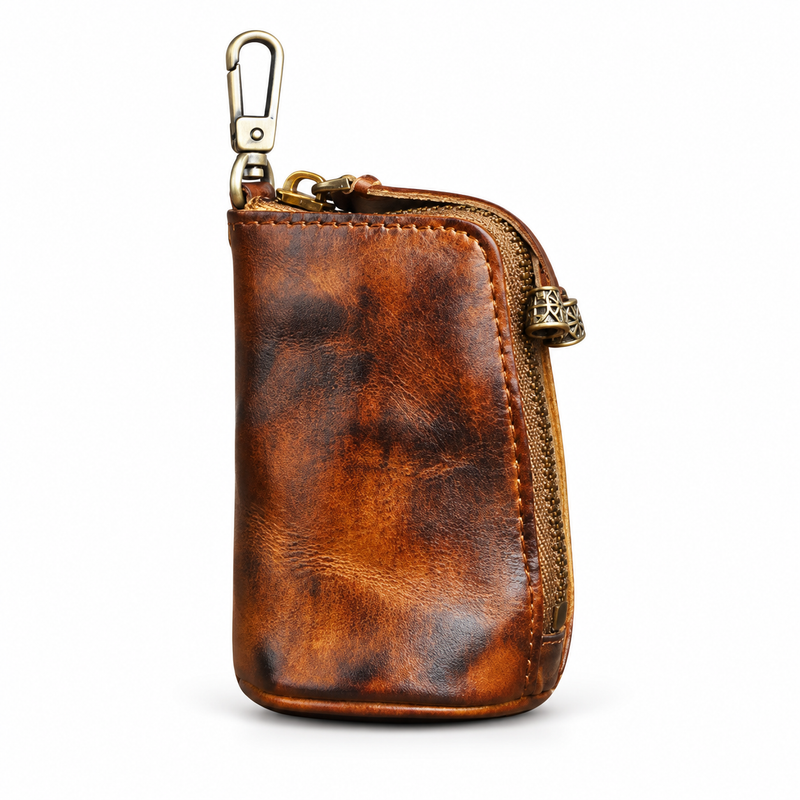 Vintage Distressed Leather Zipper Key Pouch-4