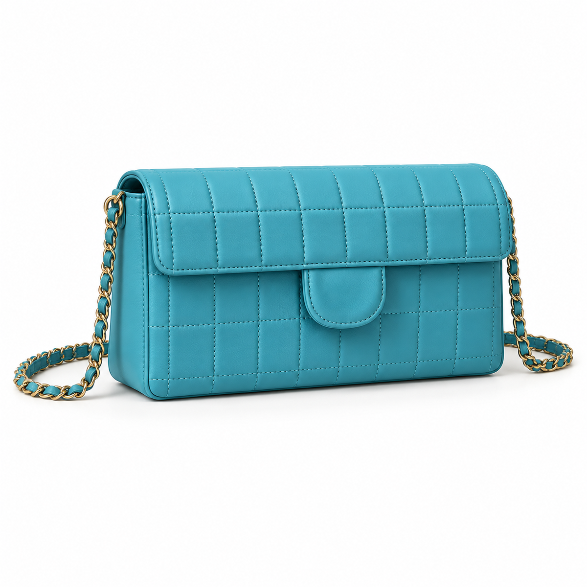 Turquoise Quilted Crossbody Bag With Chain
