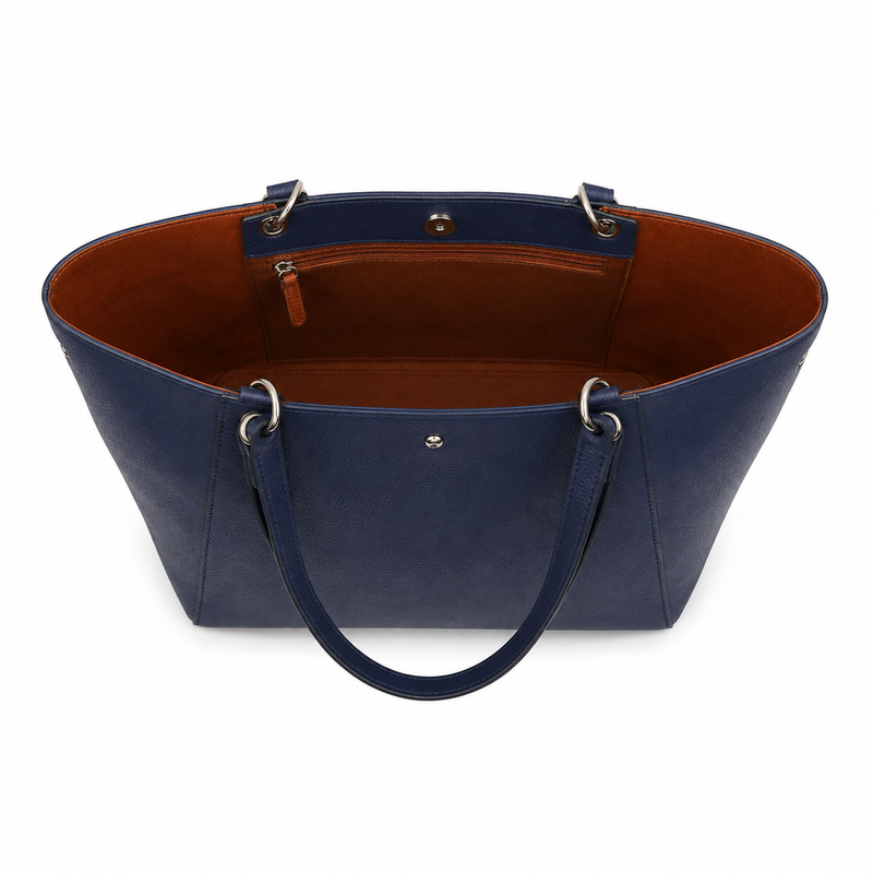 Navy Blue Structured Tote Handbag with Brown Interior-2