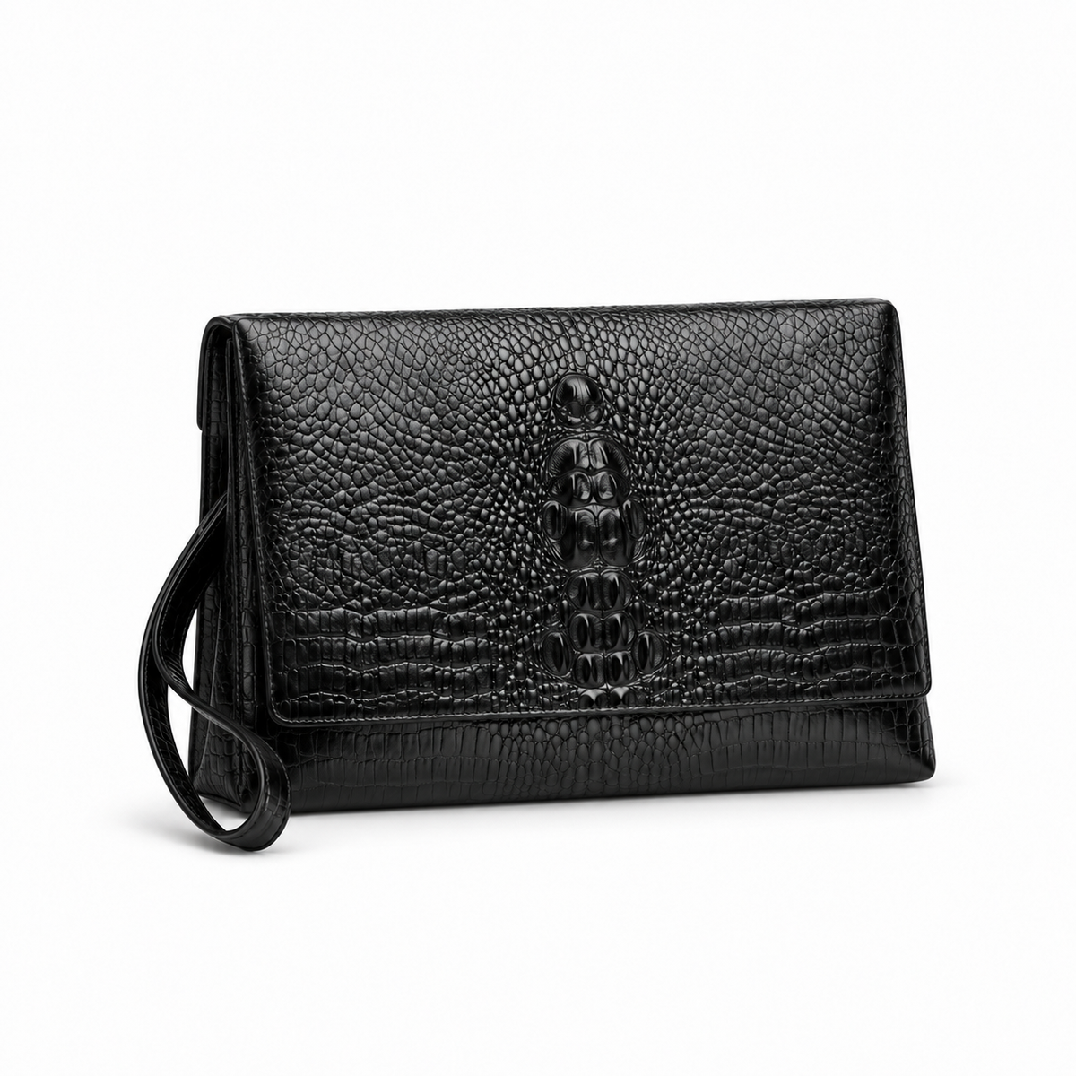 Black Crocodile Embossed Wristlet Clutch Bag