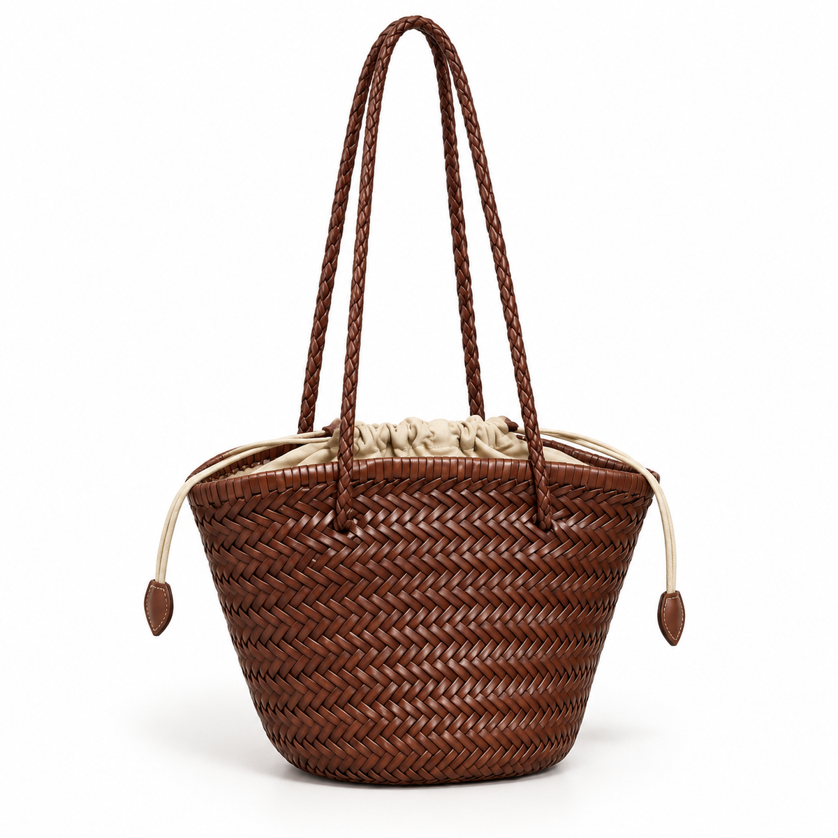Coffee Woven Tote With Braided Straps-1