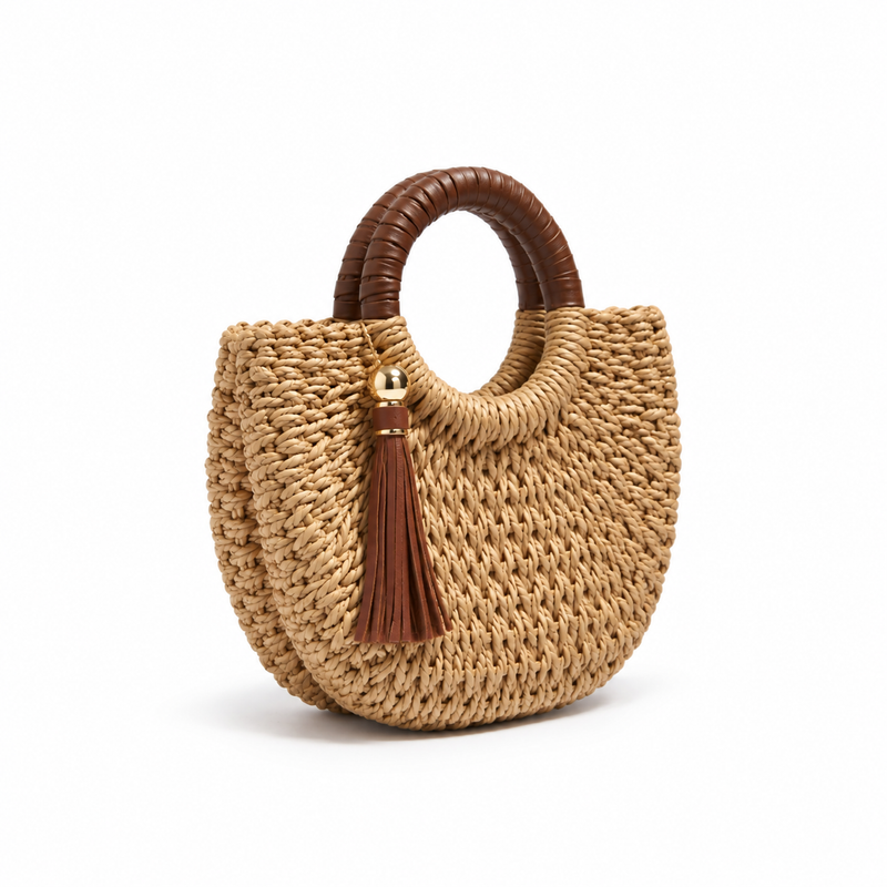 Natural Woven Raffia Tassel Handle Handbag-1