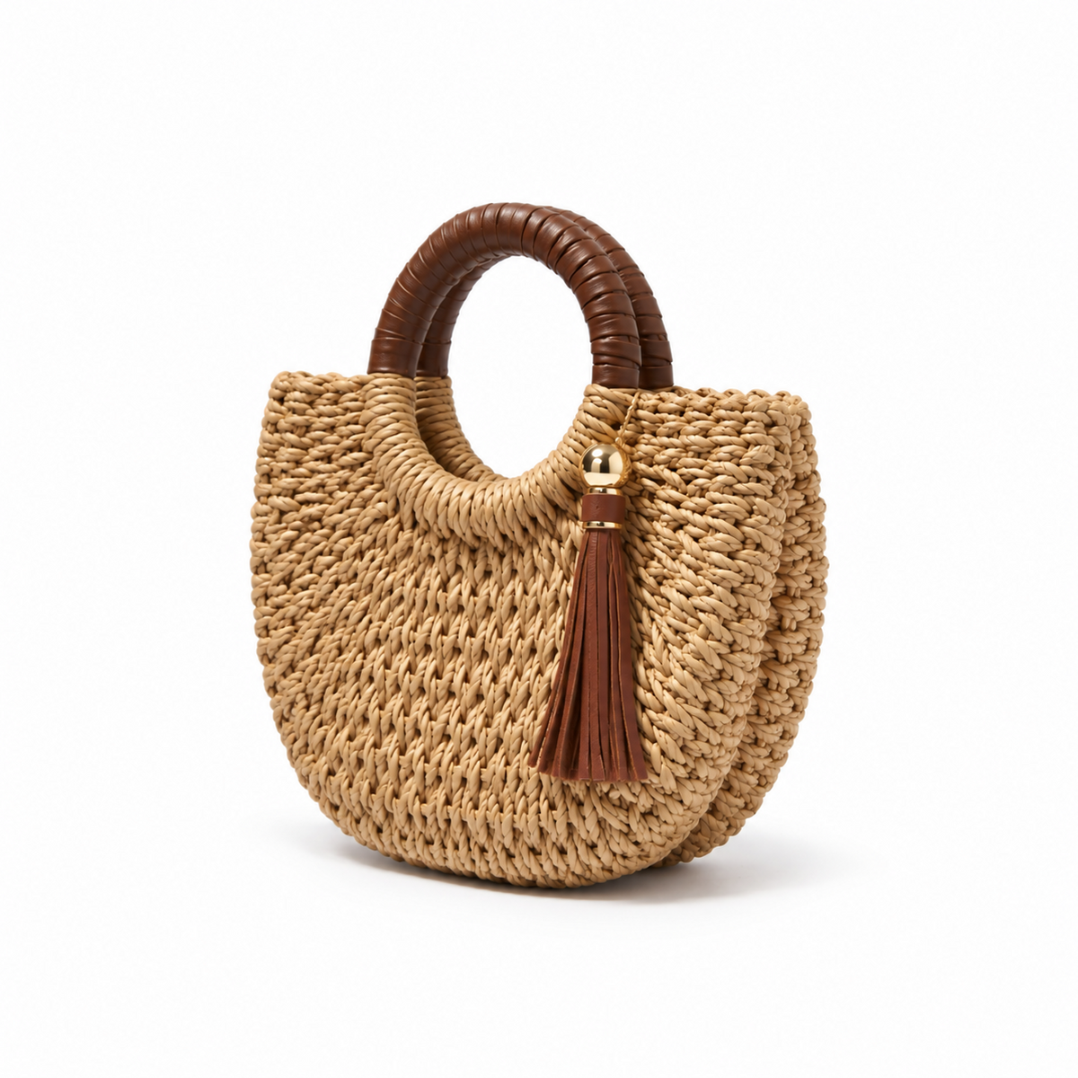 Natural Woven Raffia Tassel Handle Handbag-3