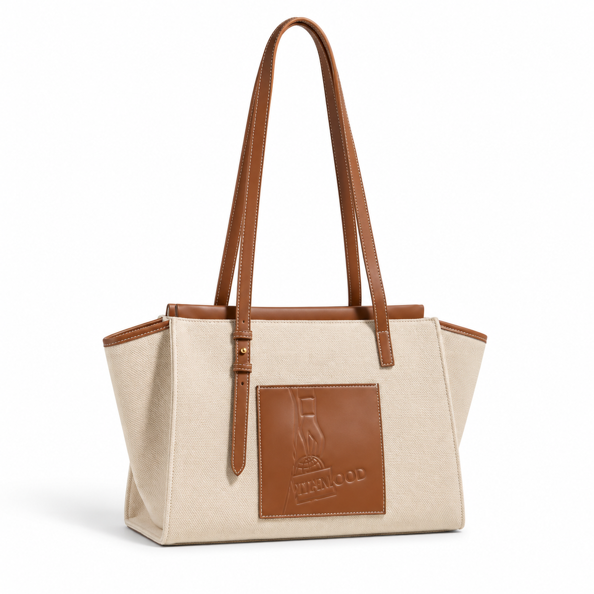 Cream Canvas Tote With Cognac Leather-1