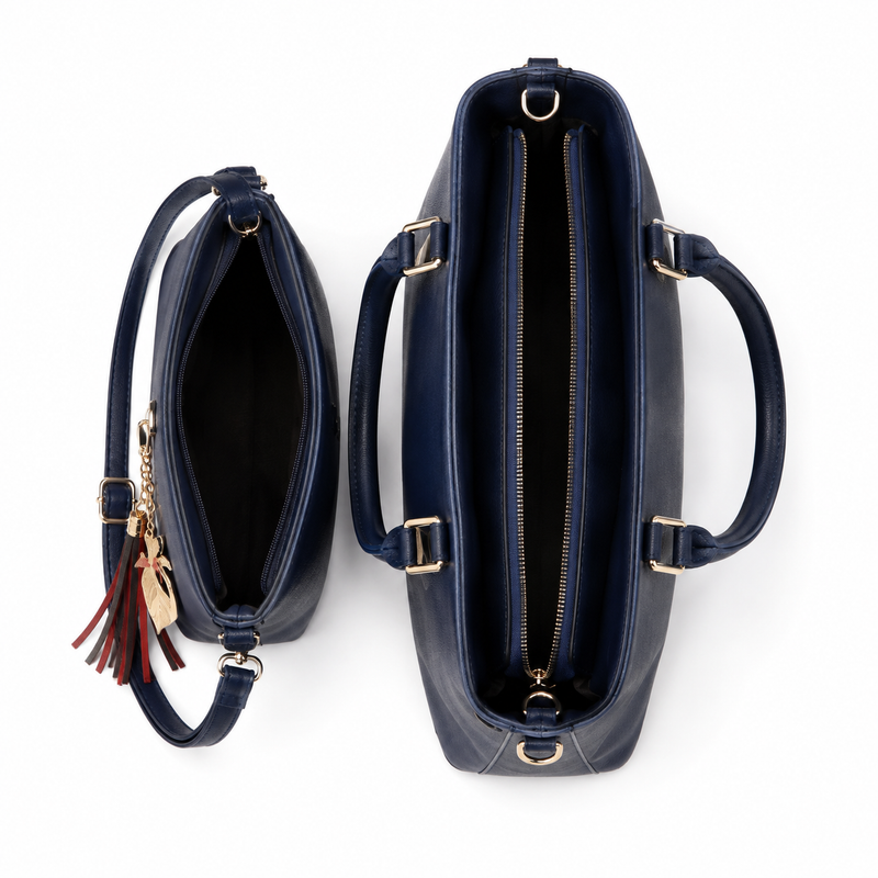 2-Piece Navy Blue Structured Tote and Crossbody Handbag Set-2