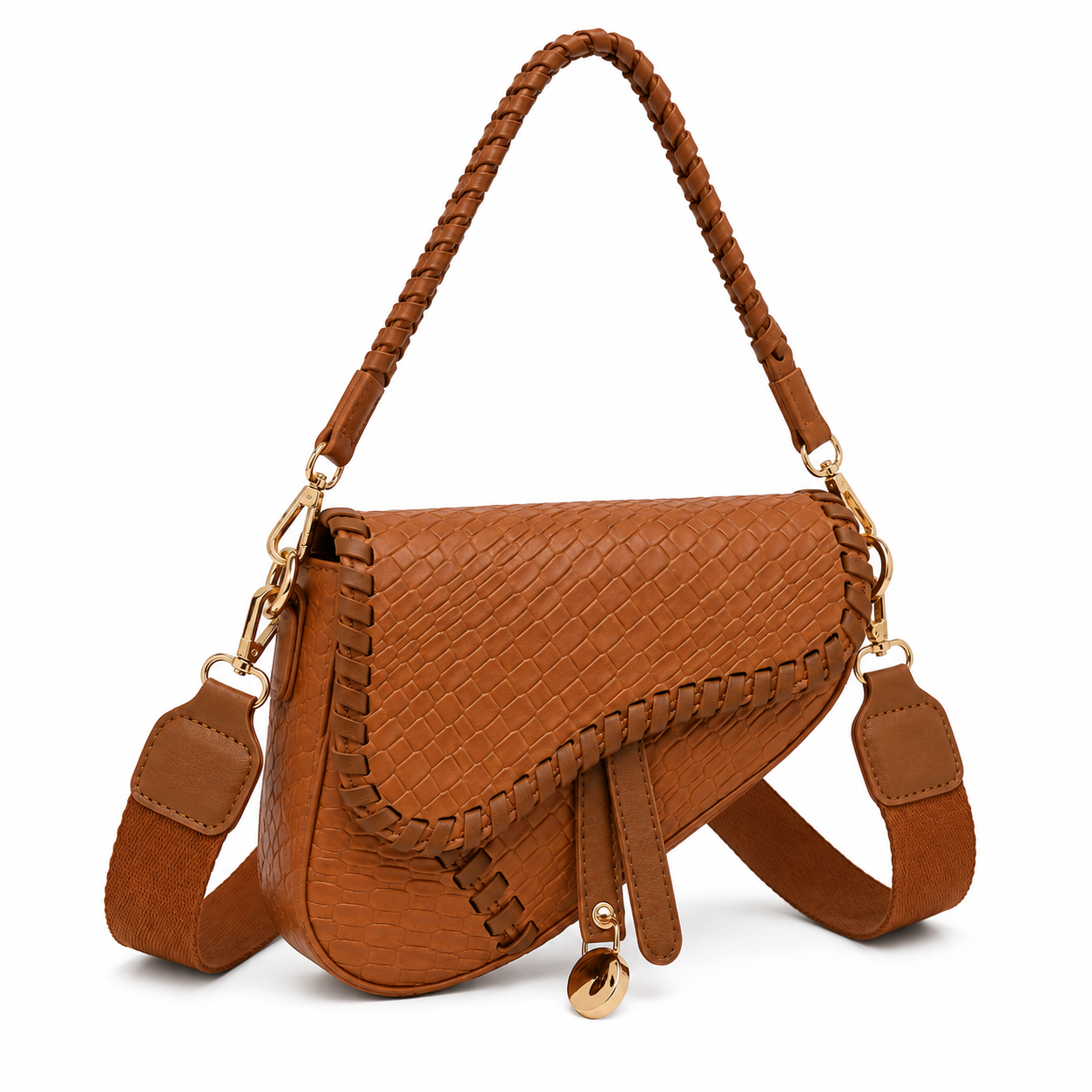 Cognac Woven Leather Saddle Shoulder Bag with Braided Handle & Crossbody Strap-1