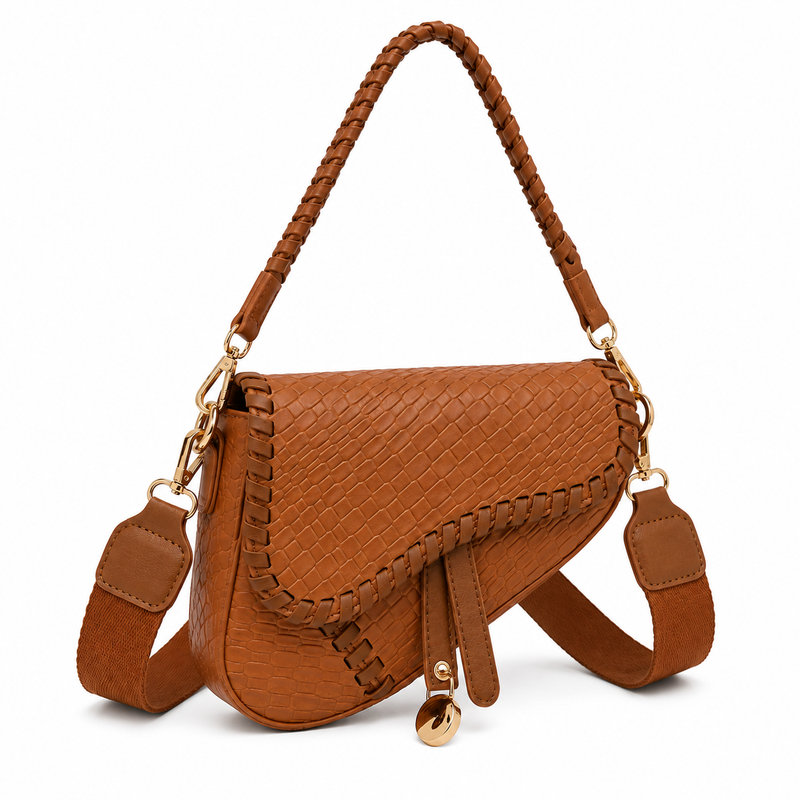 Cognac Woven Leather Saddle Shoulder Bag with Braided Handle & Crossbody Strap-1
