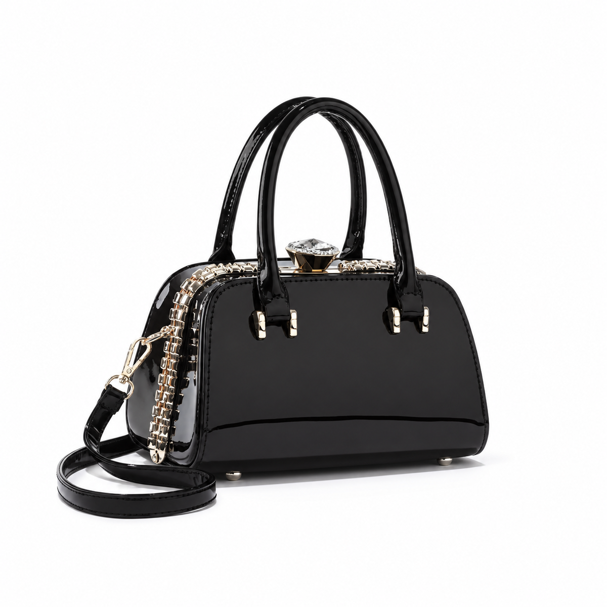 Elegant Black Glossy Handbag With Strap-2