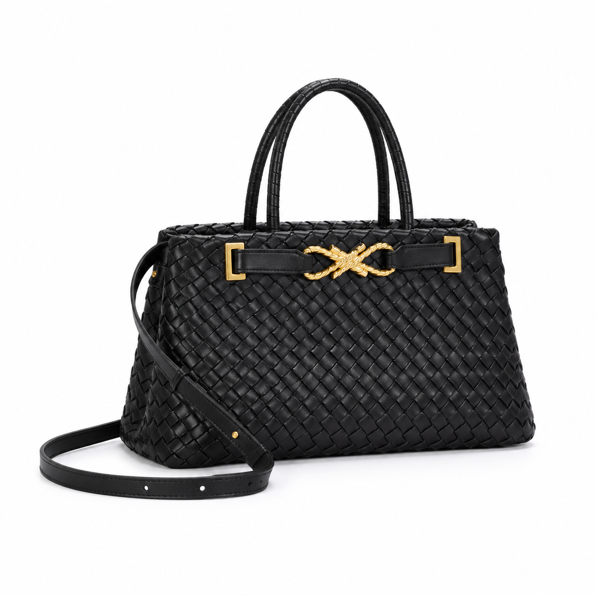 Elegant Black Woven Gold Accent Handbag
