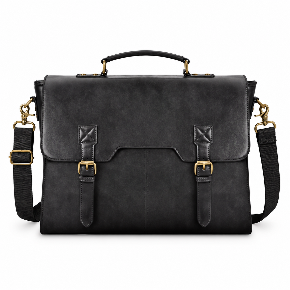 Vintage Black Leather Briefcase With Buckles-4
