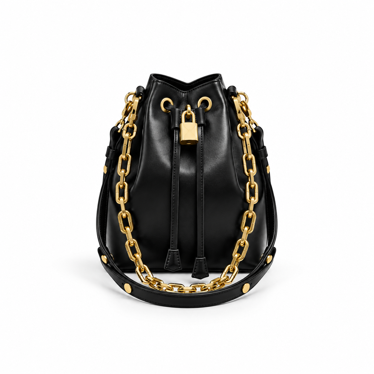 Luxury Black Drawstring Bucket Bag-4