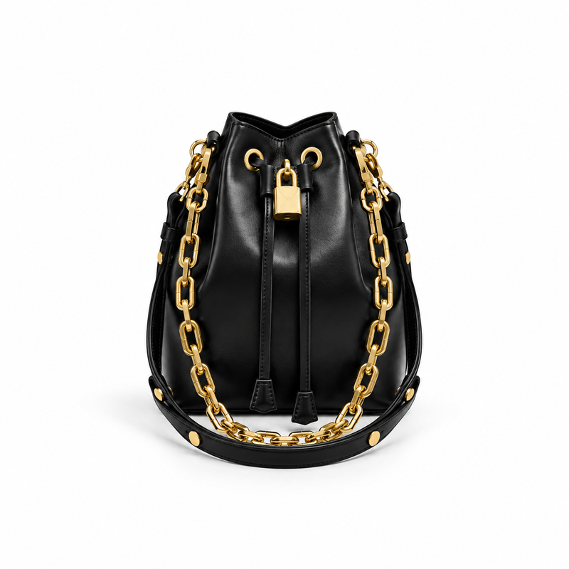 Luxury Black Drawstring Bucket Bag-4