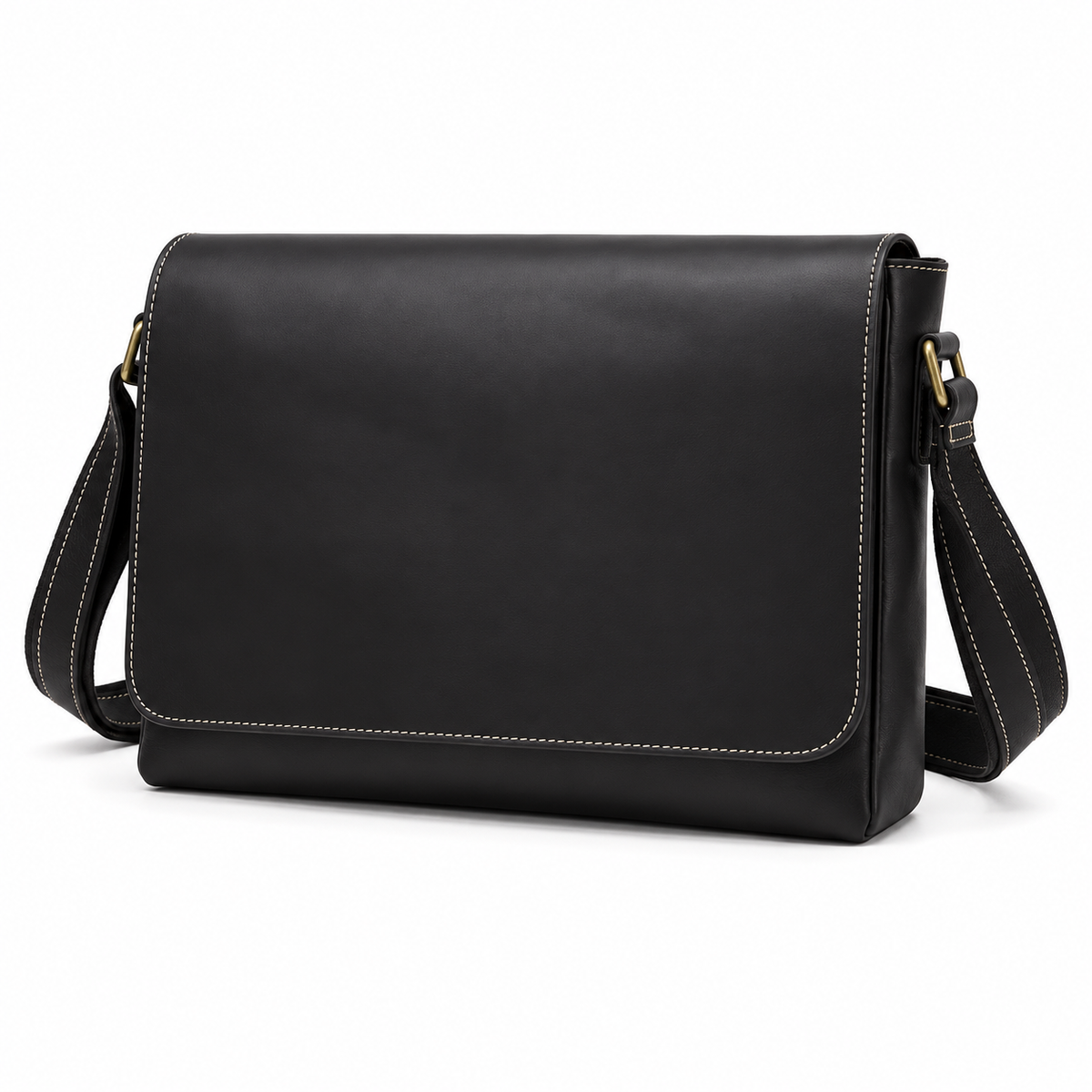 Classic Black Leather Laptop Messenger Bag-4