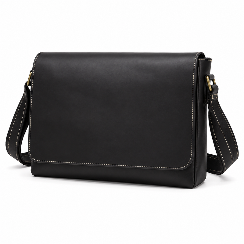 Classic Black Leather Laptop Messenger Bag-4