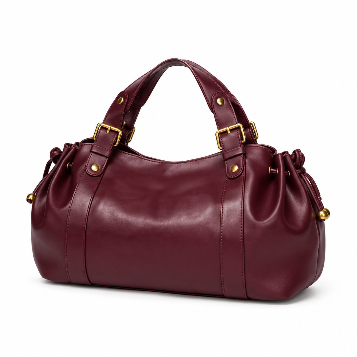 Burgundy Buckle Handle Drawstring Handbag-3