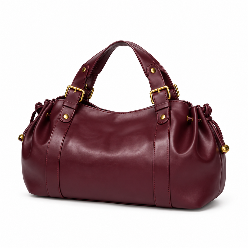 Burgundy Buckle Handle Drawstring Handbag-3