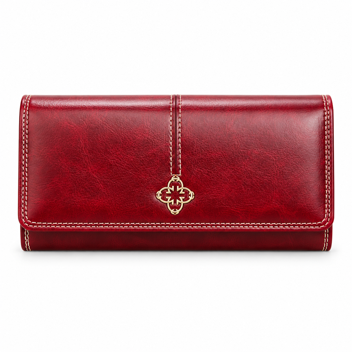 Burgundy Long Wallet With Gold Emblem-4